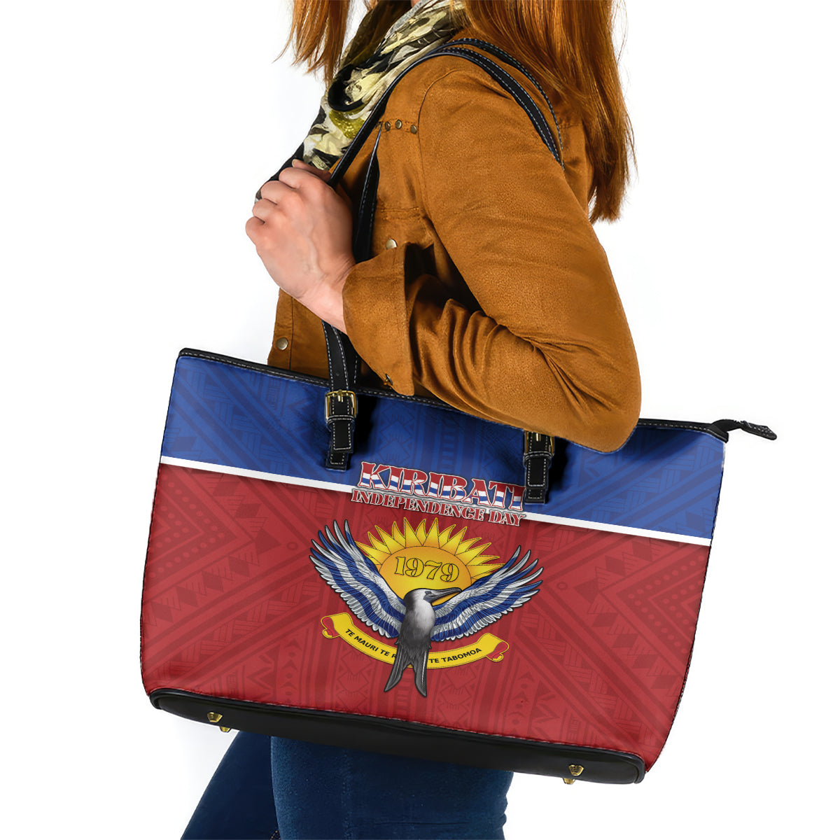 Kiribati 45th Independence Day Leather Tote Bag Lesser Frigatebird Tribal Pattern LT05 Red - Polynesian Pride