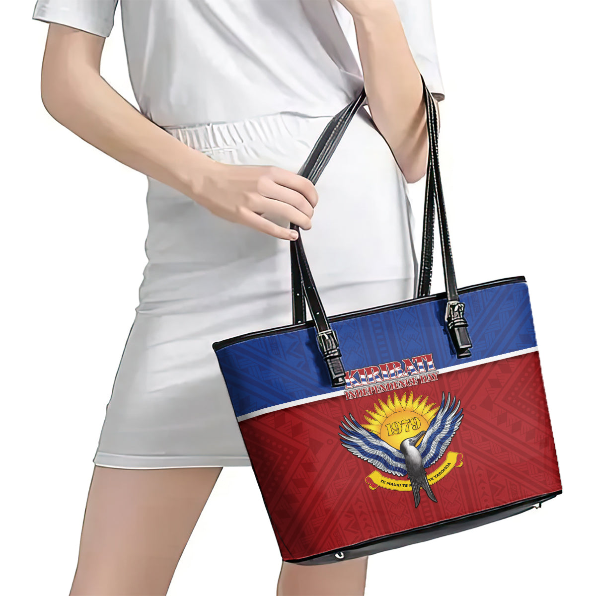 Kiribati 45th Independence Day Leather Tote Bag Lesser Frigatebird Tribal Pattern LT05 - Polynesian Pride