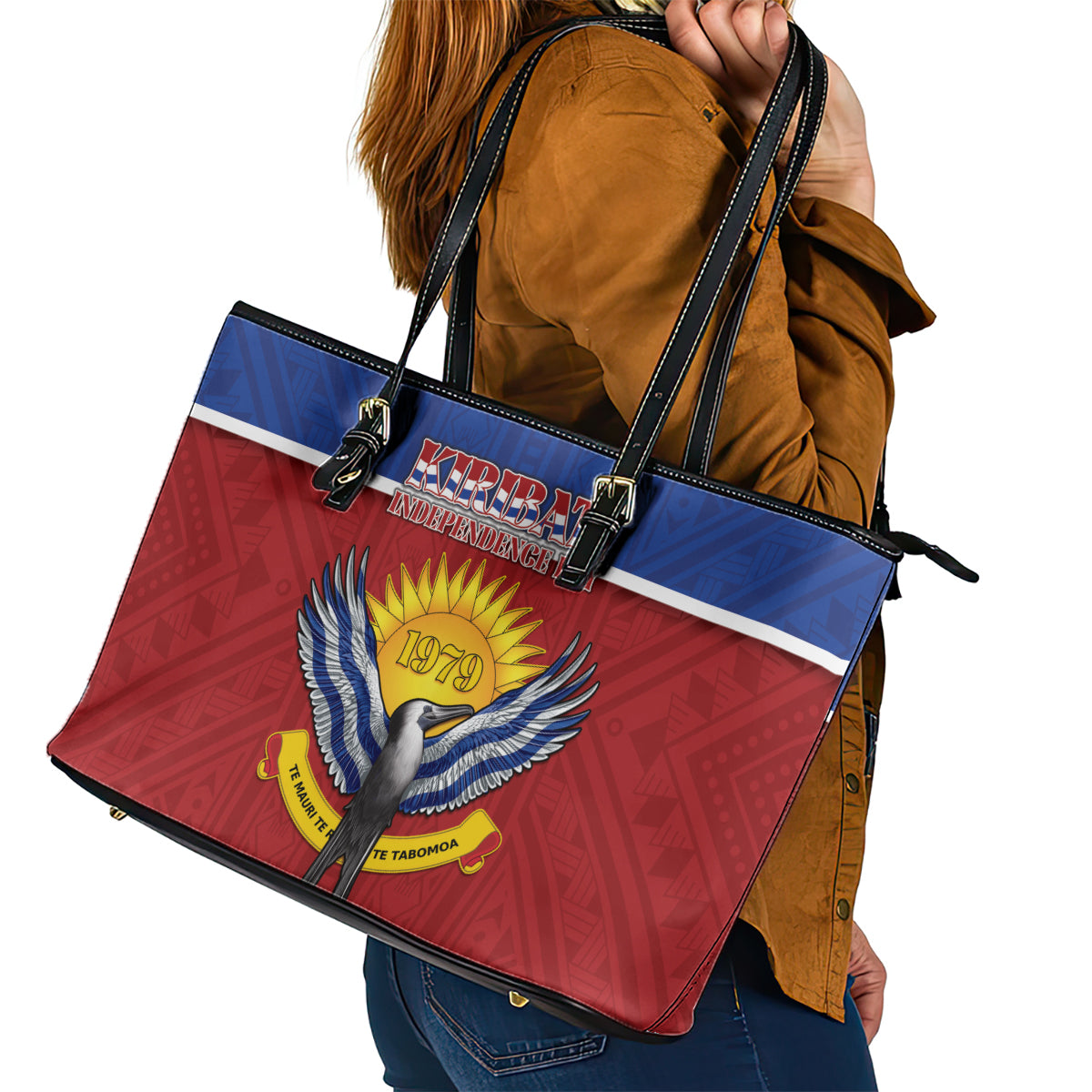 Kiribati 45th Independence Day Leather Tote Bag Lesser Frigatebird Tribal Pattern LT05 - Polynesian Pride