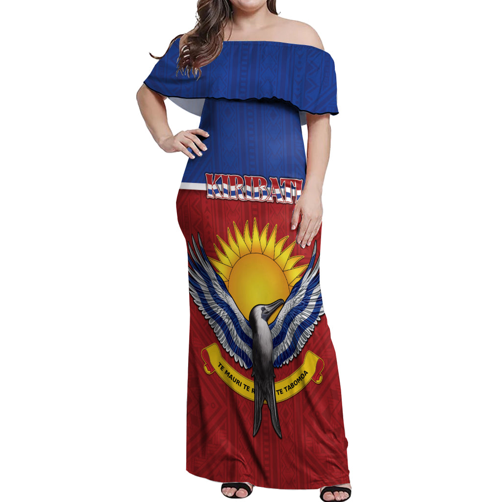 Kiribati 45th Independence Day Off Shoulder Maxi Dress Lesser Frigatebird Tribal Pattern LT05 Women Red - Polynesian Pride