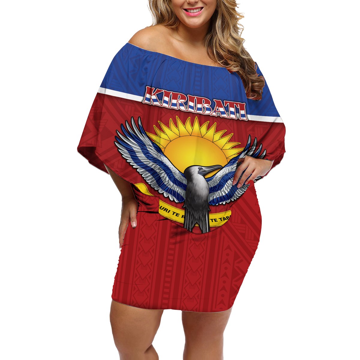 Kiribati 45th Independence Day Off Shoulder Short Dress Lesser Frigatebird Tribal Pattern LT05 Women Red - Polynesian Pride