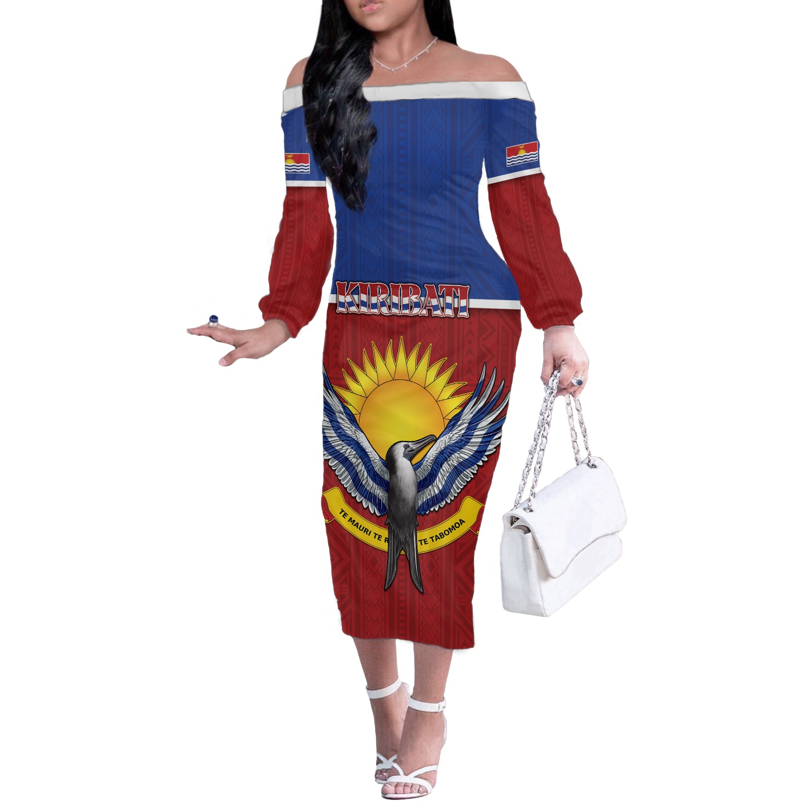 Kiribati 45th Independence Day Off The Shoulder Long Sleeve Dress Lesser Frigatebird Tribal Pattern