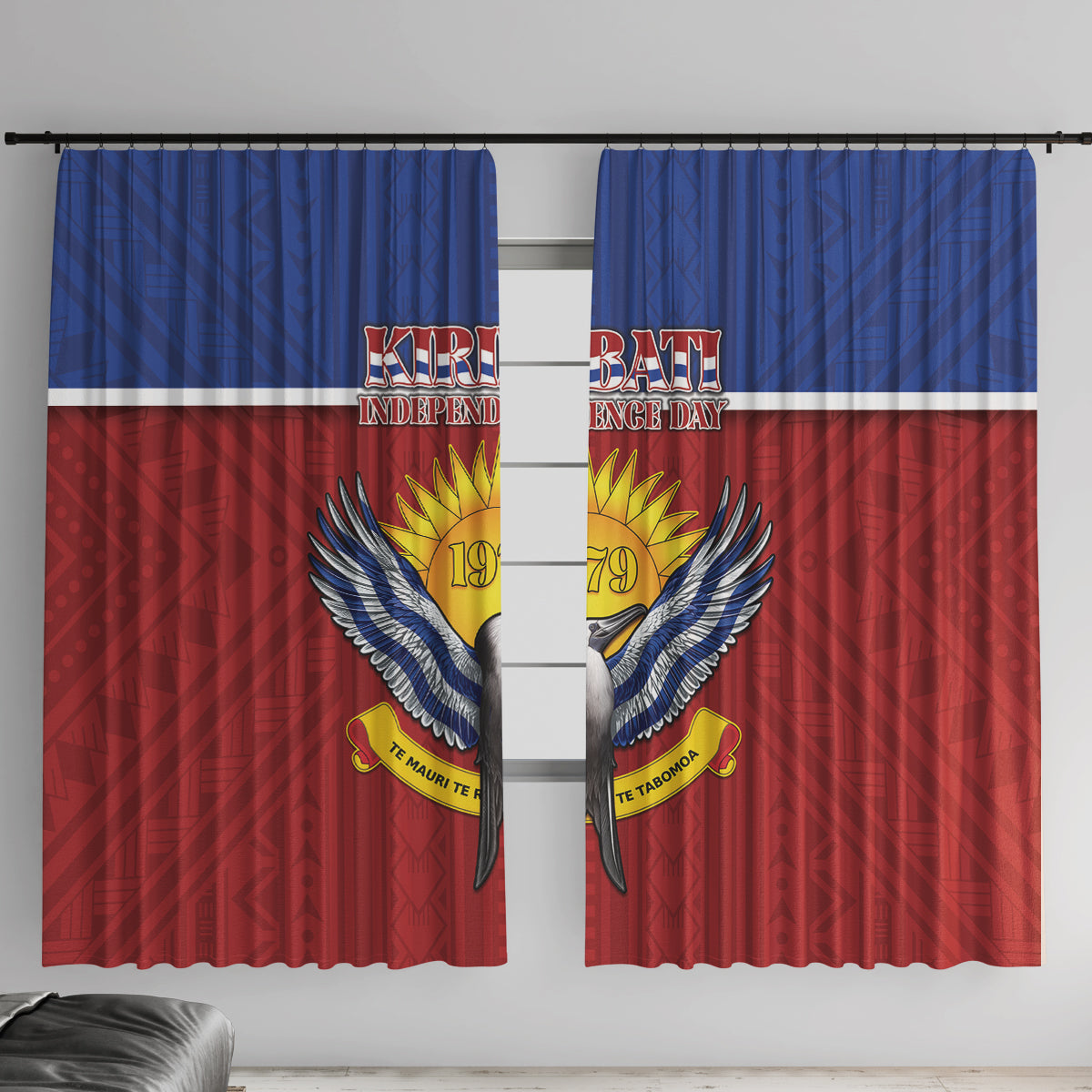 Kiribati 45th Independence Day Window Curtain Lesser Frigatebird Tribal Pattern LT05 With Hooks Red - Polynesian Pride
