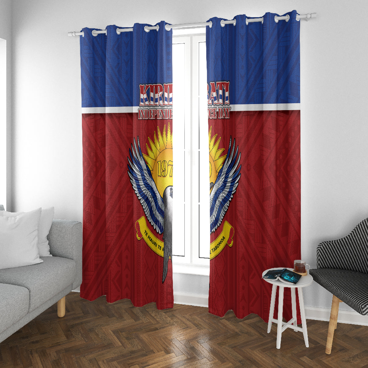 Kiribati 45th Independence Day Window Curtain Lesser Frigatebird Tribal Pattern LT05 With Grommets Red - Polynesian Pride