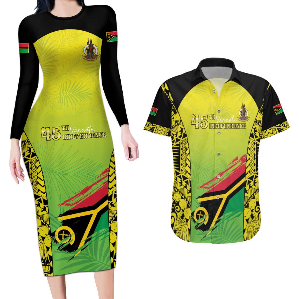 Vanuatu 45th Independence Couples Matching Long Sleeve Bodycon Dress and Hawaiian Shirt Special Style LT05 Yellow - Polynesian Pride