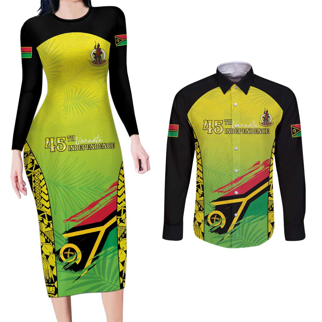 Vanuatu 45th Independence Couples Matching Long Sleeve Bodycon Dress and Long Sleeve Button Shirt Special Style LT05 Yellow - Polynesian Pride