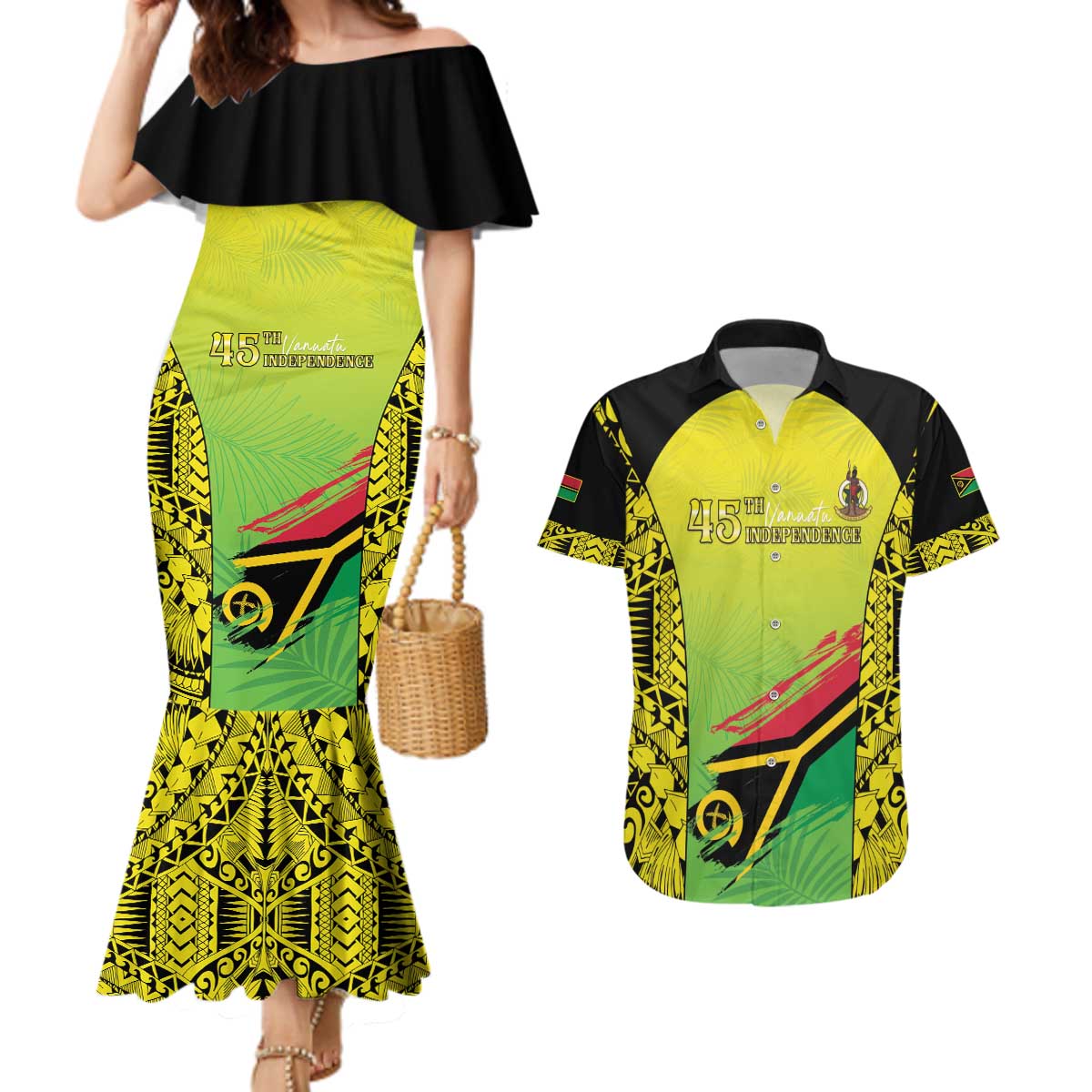 Vanuatu 45th Independence Couples Matching Mermaid Dress and Hawaiian Shirt Special Style LT05 Yellow - Polynesian Pride