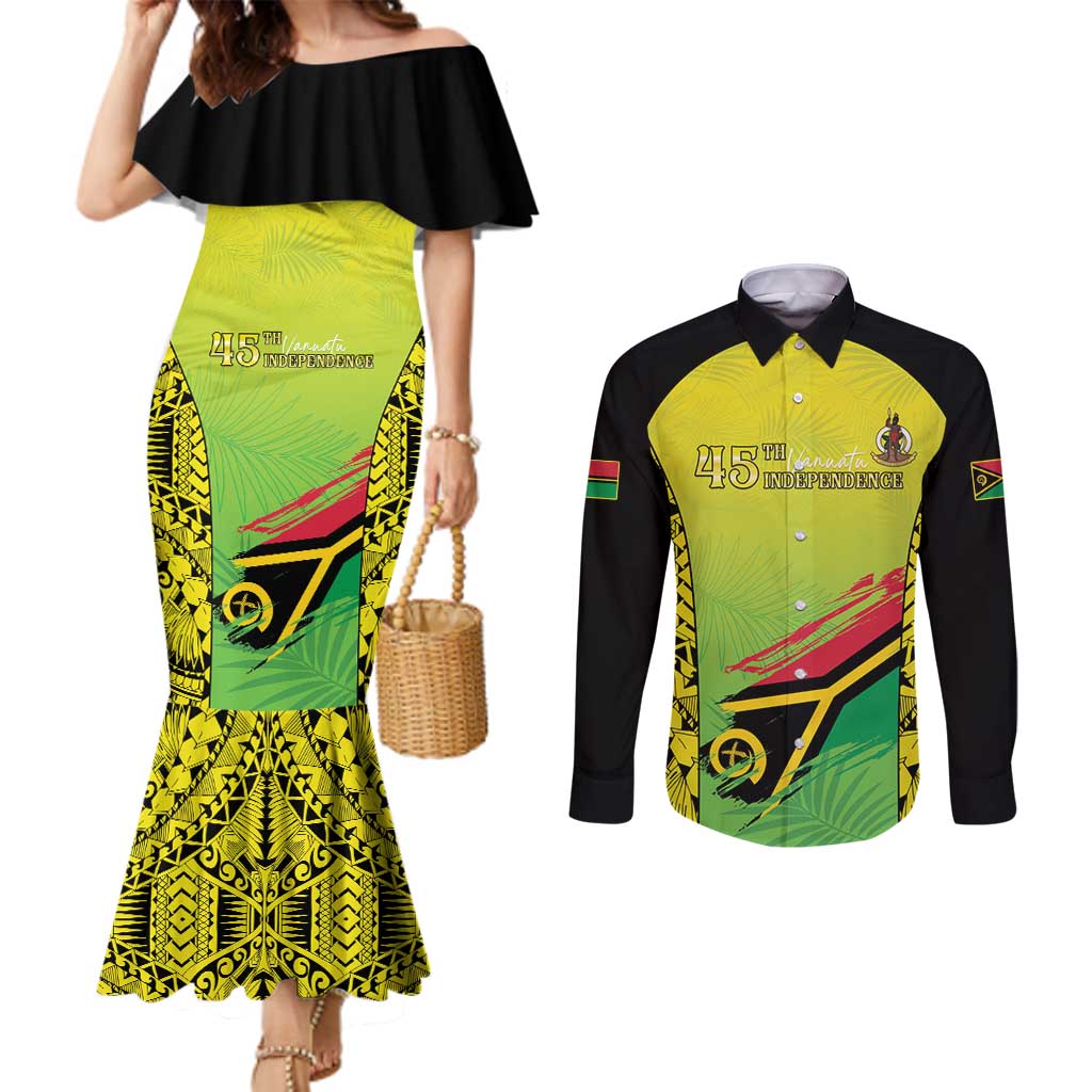 Vanuatu 45th Independence Couples Matching Mermaid Dress and Long Sleeve Button Shirt Special Style LT05 Yellow - Polynesian Pride
