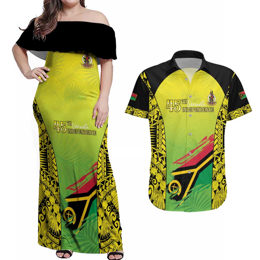 Vanuatu 45th Independence Couples Matching Off Shoulder Maxi Dress and Hawaiian Shirt Special Style LT05 Yellow - Polynesian Pride