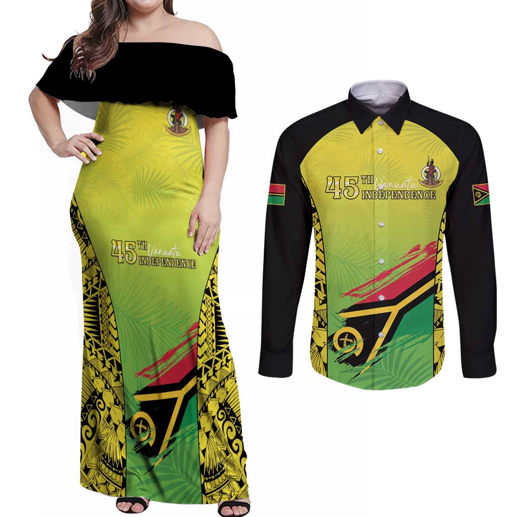Vanuatu 45th Independence Couples Matching Off Shoulder Maxi Dress and Long Sleeve Button Shirt Special Style LT05 Yellow - Polynesian Pride