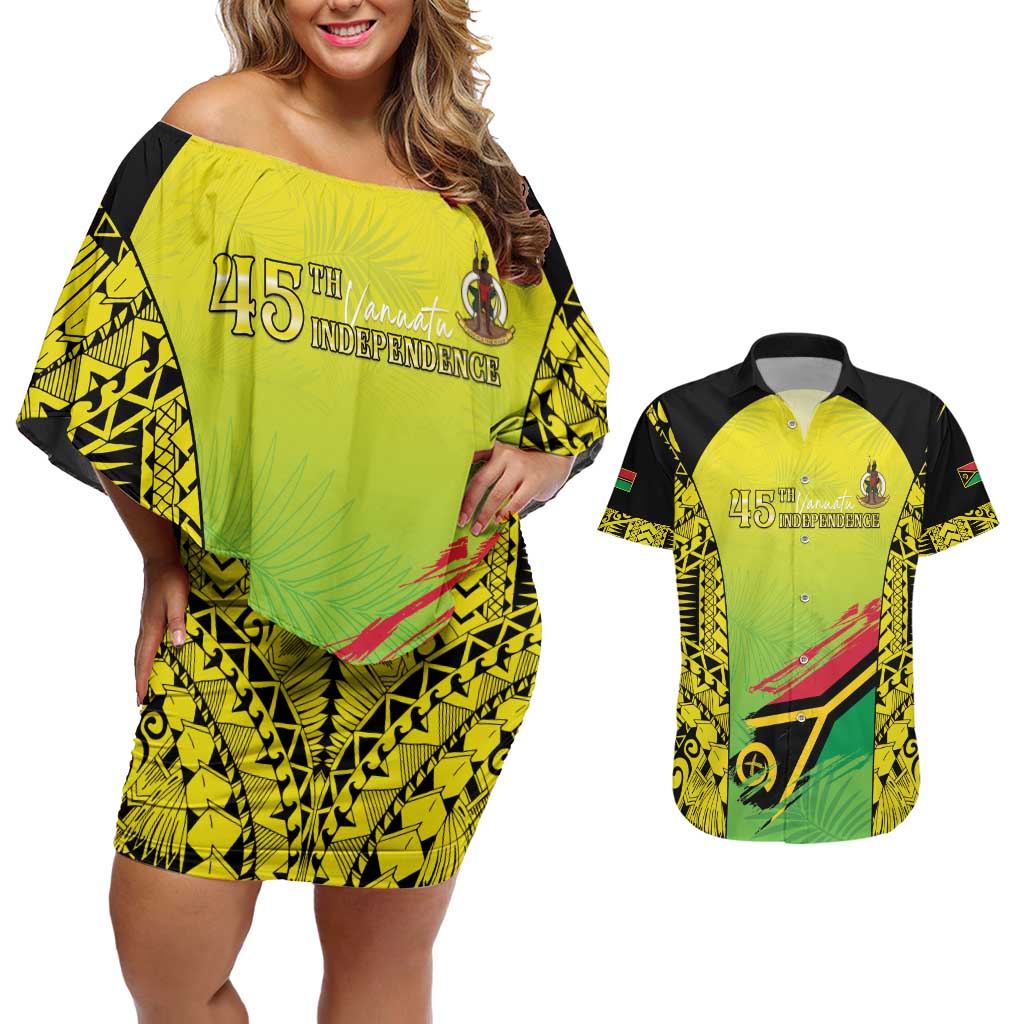 Vanuatu 45th Independence Couples Matching Off Shoulder Short Dress and Hawaiian Shirt Special Style LT05 Yellow - Polynesian Pride