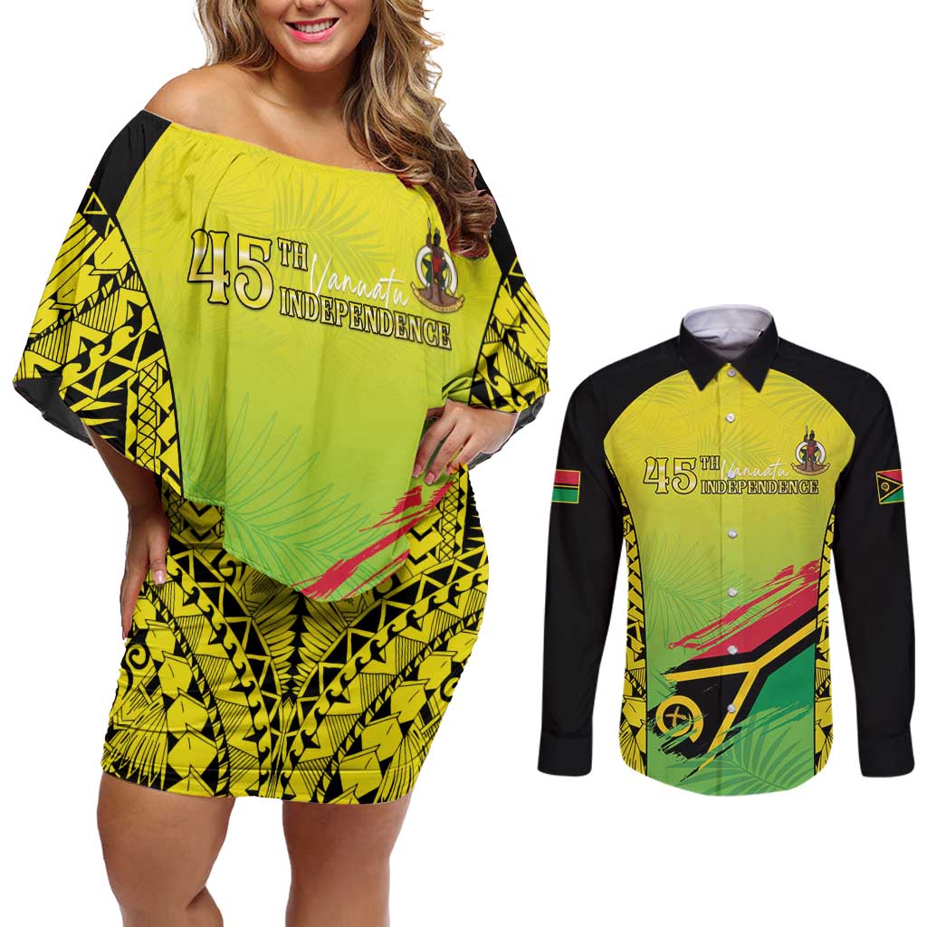 Vanuatu 45th Independence Couples Matching Off Shoulder Short Dress and Long Sleeve Button Shirt Special Style LT05 Yellow - Polynesian Pride