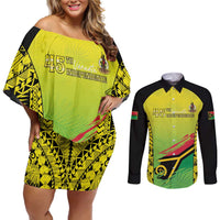 Vanuatu 45th Independence Couples Matching Off Shoulder Short Dress and Long Sleeve Button Shirt Special Style LT05 Yellow - Polynesian Pride