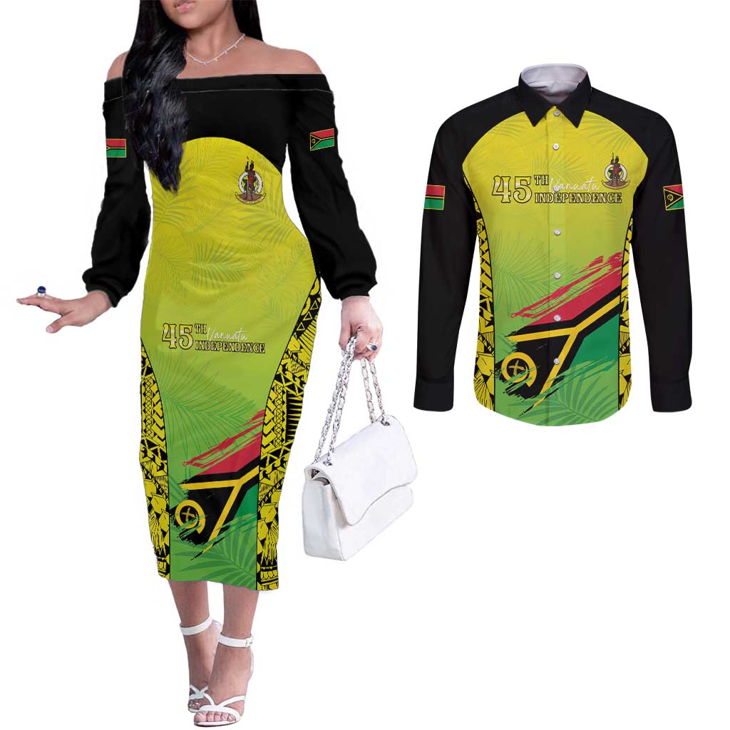 Vanuatu 45th Independence Couples Matching Off The Shoulder Long Sleeve Dress and Long Sleeve Button Shirt Special Style LT05 Yellow - Polynesian Pride