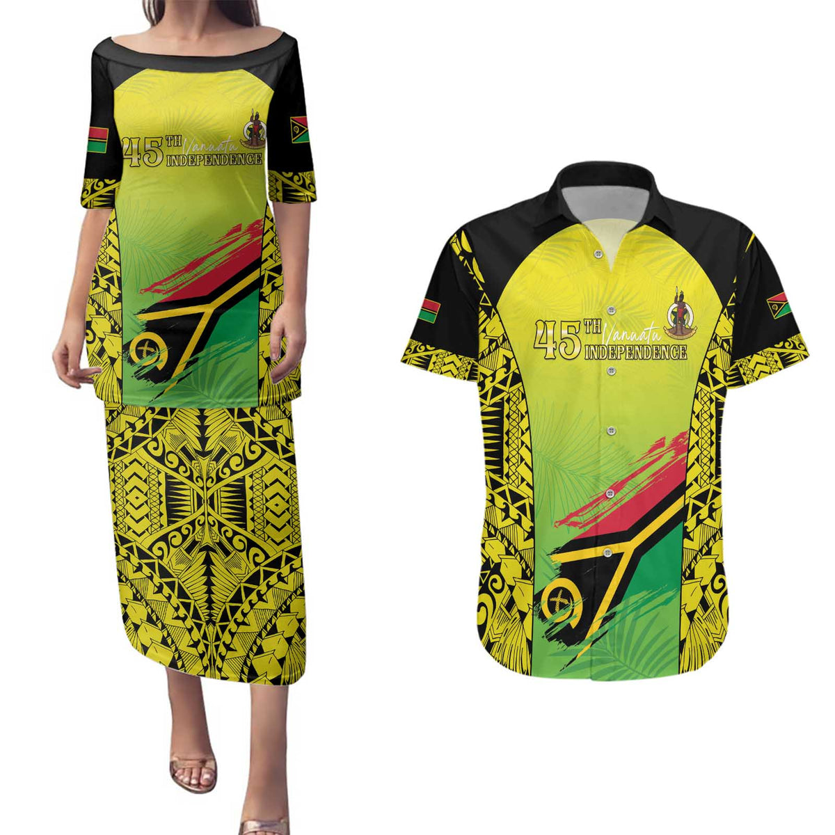 Vanuatu 45th Independence Couples Matching Puletasi and Hawaiian Shirt Special Style LT05 Yellow - Polynesian Pride
