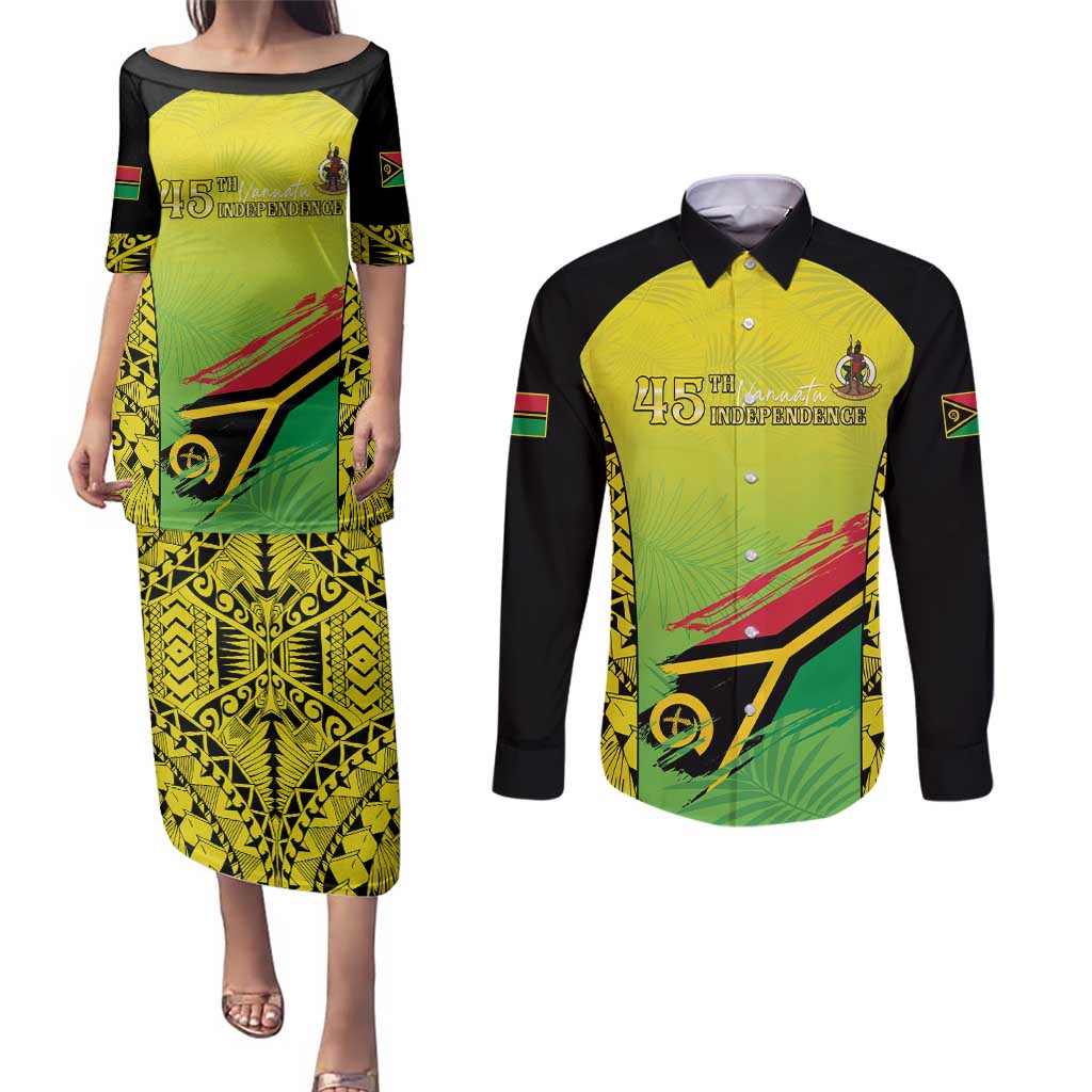 Vanuatu 45th Independence Couples Matching Puletasi and Long Sleeve Button Shirt Special Style LT05 Yellow - Polynesian Pride