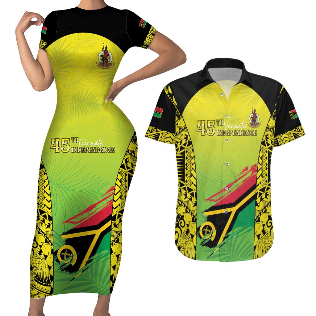 Vanuatu 45th Independence Couples Matching Short Sleeve Bodycon Dress and Hawaiian Shirt Special Style LT05 Yellow - Polynesian Pride