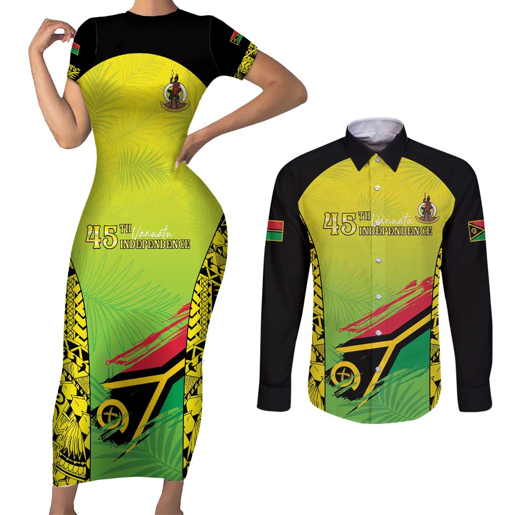 Vanuatu 45th Independence Couples Matching Short Sleeve Bodycon Dress and Long Sleeve Button Shirt Special Style LT05 Yellow - Polynesian Pride