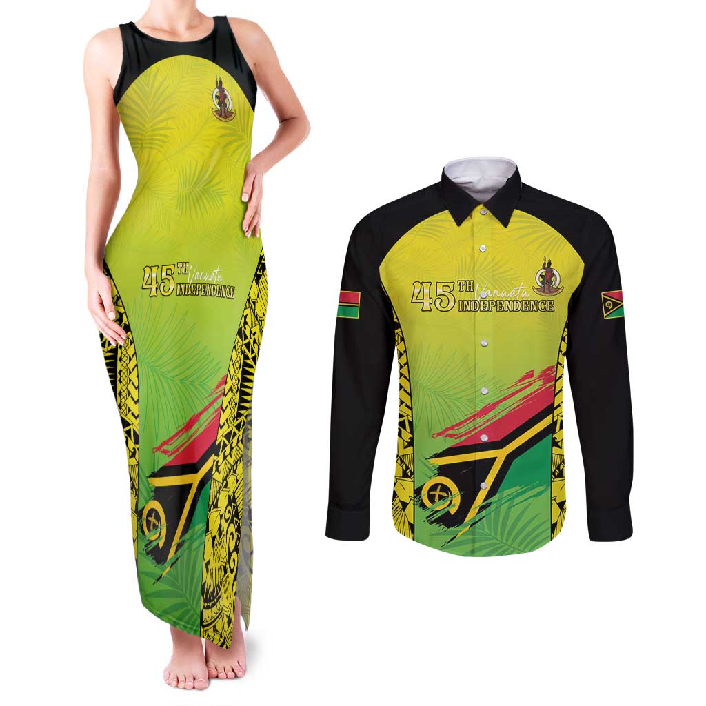 Vanuatu 45th Independence Couples Matching Tank Maxi Dress and Long Sleeve Button Shirt Special Style LT05 Yellow - Polynesian Pride