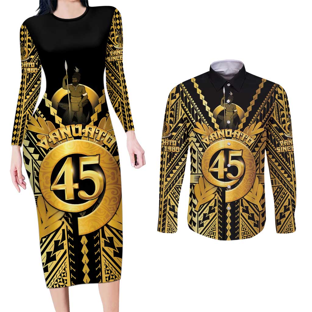 Vanuatu 45th Anniversary Of Independence Couples Matching Long Sleeve Bodycon Dress and Long Sleeve Button Shirt Gold Style LT05 Gold - Polynesian Pride