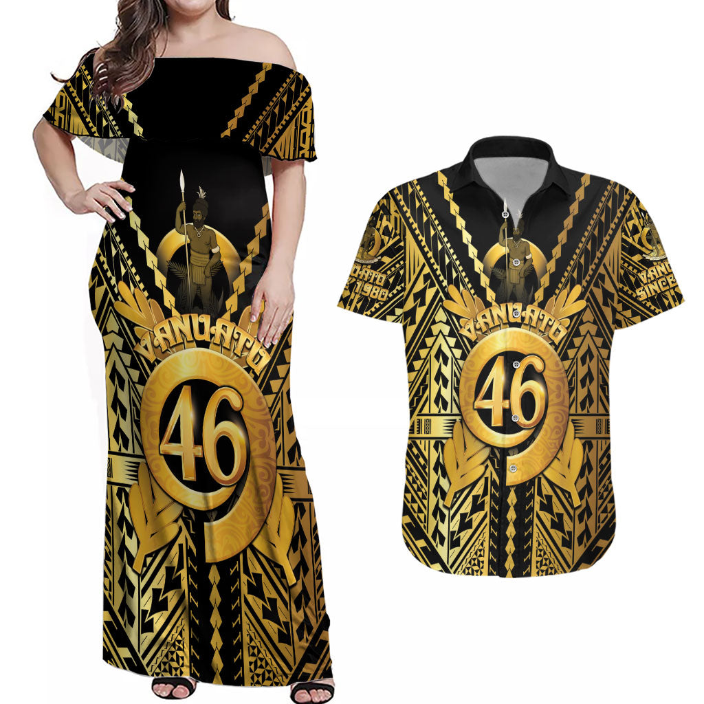 Vanuatu 46th Anniversary Of Independence Couples Matching Off Shoulder Maxi Dress and Hawaiian Shirt Gold Style LT05 Gold - Polynesian Pride