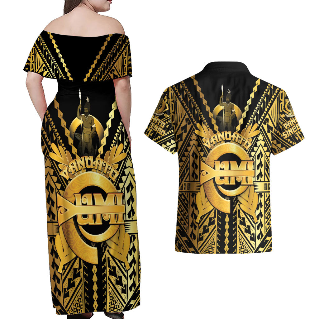 Vanuatu 46th Anniversary Of Independence Couples Matching Off Shoulder Maxi Dress and Hawaiian Shirt Gold Style LT05 - Polynesian Pride
