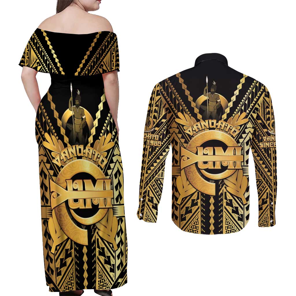 Vanuatu 45th Anniversary Of Independence Couples Matching Off Shoulder Maxi Dress and Long Sleeve Button Shirt Gold Style LT05 - Polynesian Pride