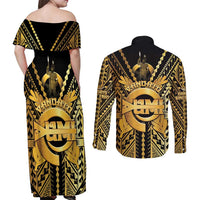 Vanuatu 45th Anniversary Of Independence Couples Matching Off Shoulder Maxi Dress and Long Sleeve Button Shirt Gold Style LT05 - Polynesian Pride