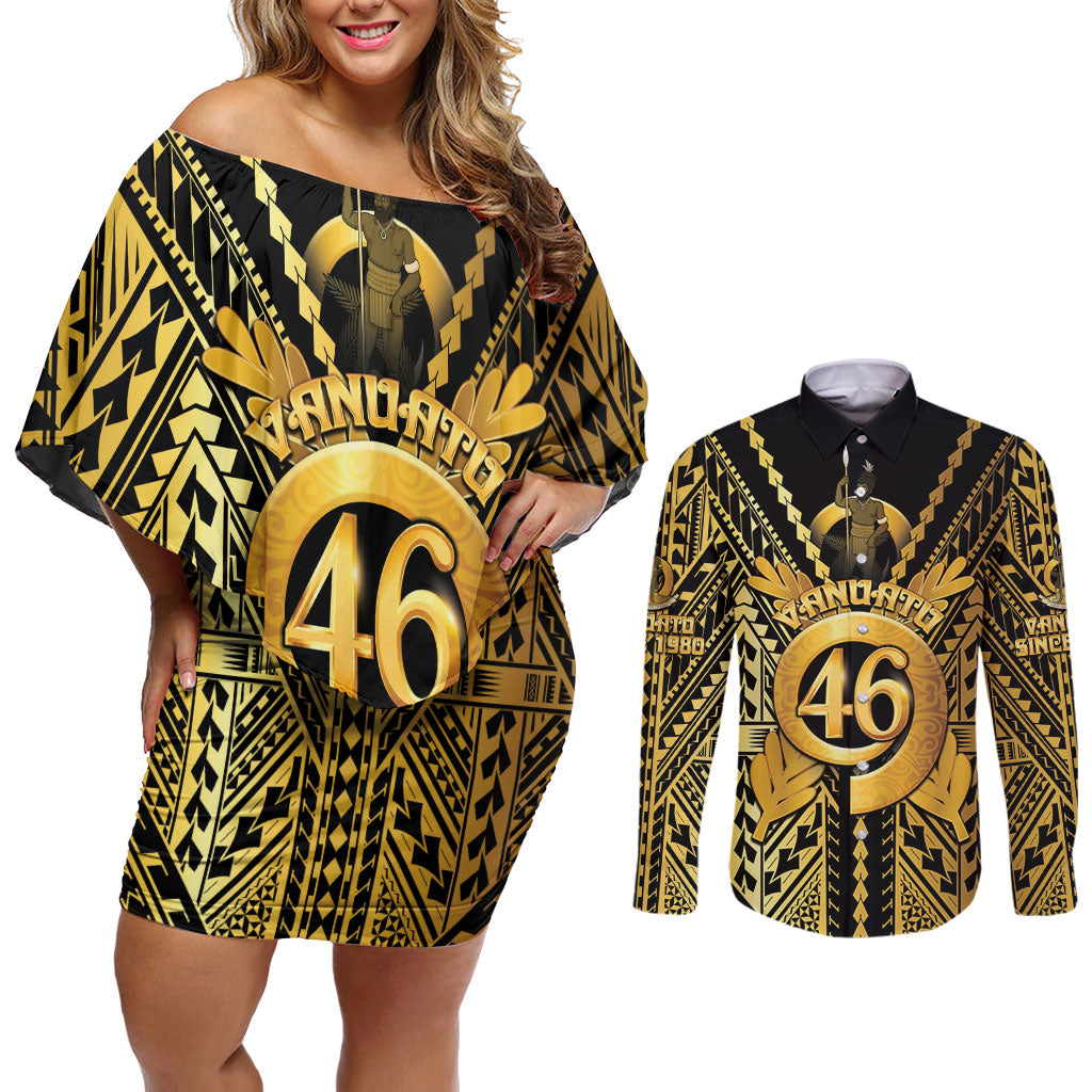 Vanuatu 46th Anniversary Of Independence Couples Matching Off Shoulder Short Dress and Long Sleeve Button Shirt Gold Style LT05 Gold - Polynesian Pride