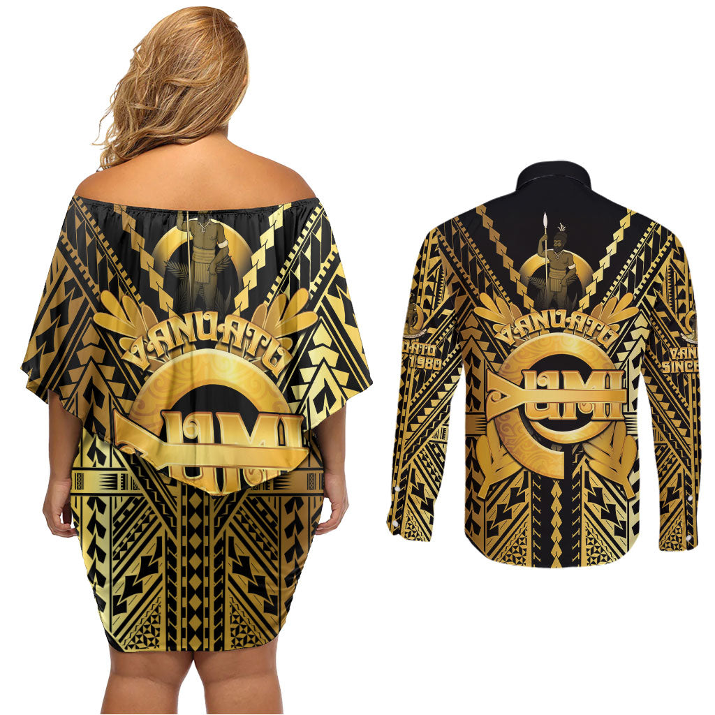 Vanuatu 46th Anniversary Of Independence Couples Matching Off Shoulder Short Dress and Long Sleeve Button Shirt Gold Style LT05 - Polynesian Pride