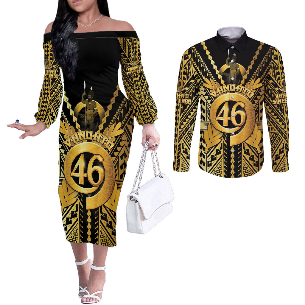 Vanuatu 46th Anniversary Of Independence Couples Matching Off The Shoulder Long Sleeve Dress and Long Sleeve Button Shirt Gold Style LT05 Gold - Polynesian Pride