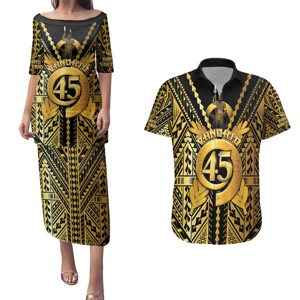 Vanuatu 45th Anniversary Of Independence Couples Matching Puletasi and Hawaiian Shirt Gold Style LT05 Gold - Polynesian Pride