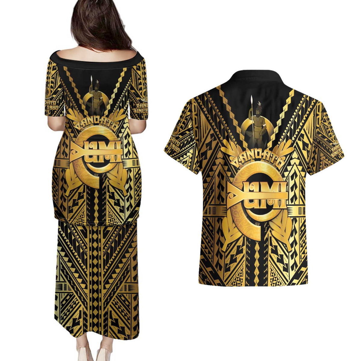 Vanuatu 45th Anniversary Of Independence Couples Matching Puletasi and Hawaiian Shirt Gold Style LT05 - Polynesian Pride