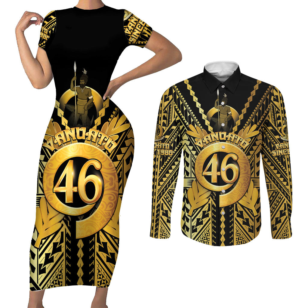 Vanuatu 46th Anniversary Of Independence Couples Matching Short Sleeve Bodycon Dress and Long Sleeve Button Shirt Gold Style LT05 Gold - Polynesian Pride