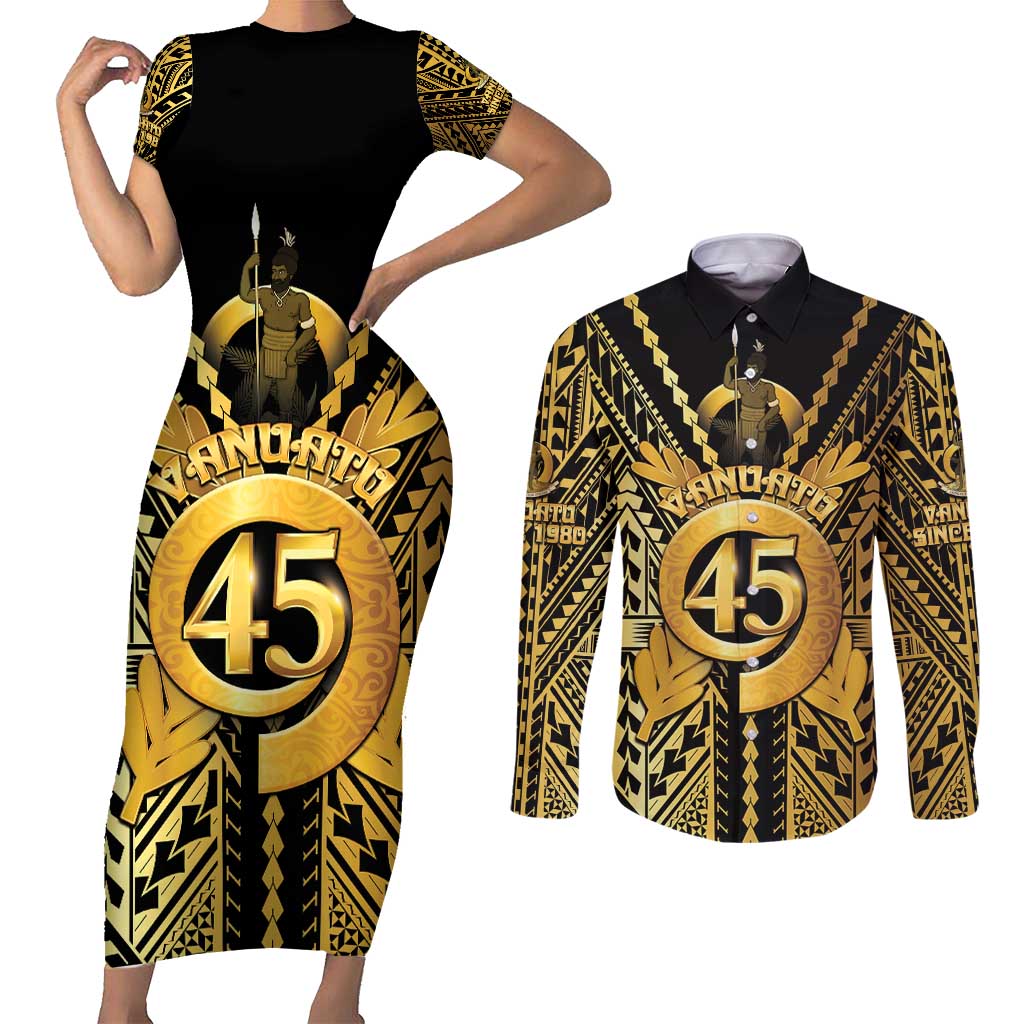 Vanuatu 45th Anniversary Of Independence Couples Matching Short Sleeve Bodycon Dress and Long Sleeve Button Shirt Gold Style LT05 Gold - Polynesian Pride
