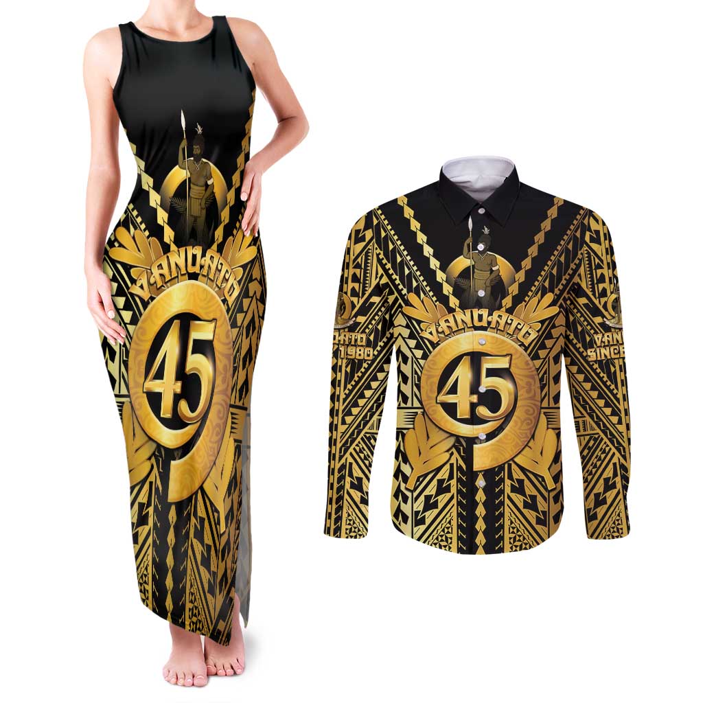 Vanuatu 45th Anniversary Of Independence Couples Matching Tank Maxi Dress and Long Sleeve Button Shirt Gold Style LT05 Gold - Polynesian Pride