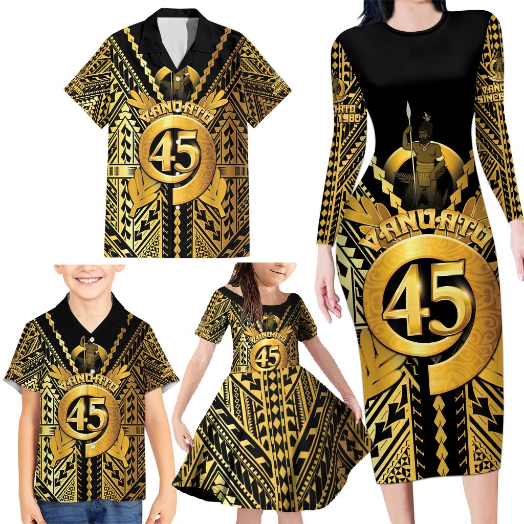 Vanuatu 45th Anniversary Of Independence Family Matching Long Sleeve Bodycon Dress and Hawaiian Shirt Gold Style LT05 - Polynesian Pride