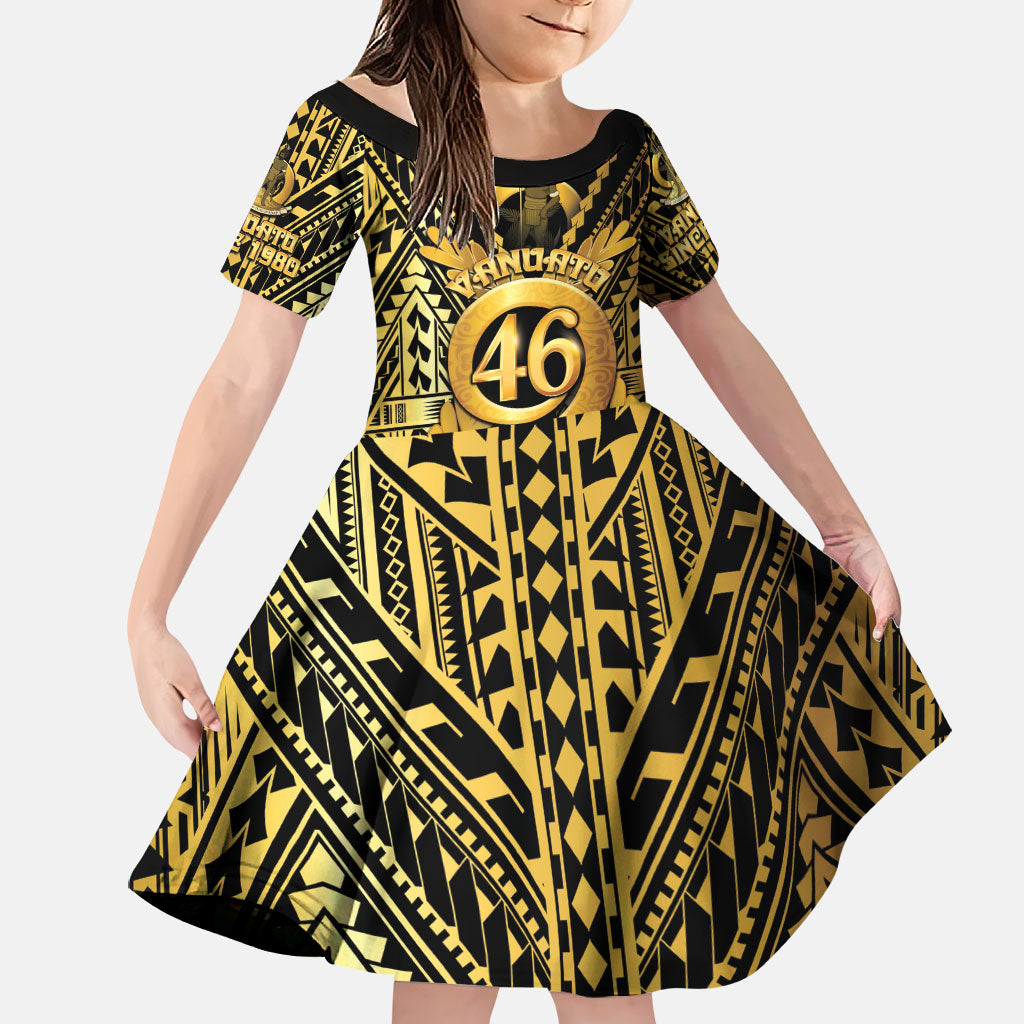 Vanuatu 46th Anniversary Of Independence Family Matching Off The Shoulder Long Sleeve Dress and Hawaiian Shirt Gold Style LT05 Daughter's Dress Gold - Polynesian Pride