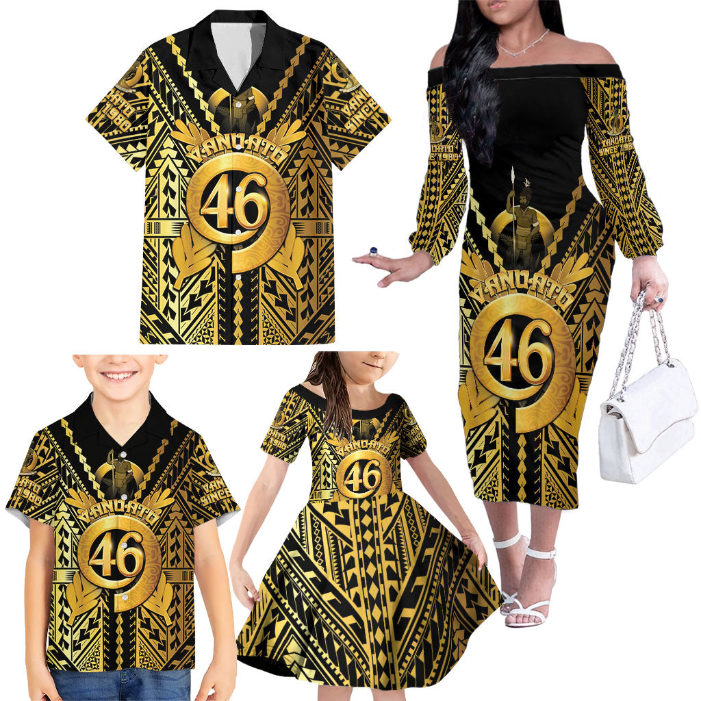 Vanuatu 46th Anniversary Of Independence Family Matching Off The Shoulder Long Sleeve Dress and Hawaiian Shirt Gold Style LT05 - Polynesian Pride