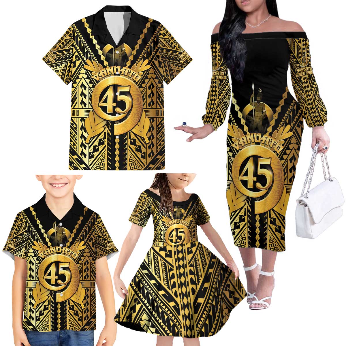 Vanuatu 45th Anniversary Of Independence Family Matching Off The Shoulder Long Sleeve Dress and Hawaiian Shirt Gold Style LT05 - Polynesian Pride