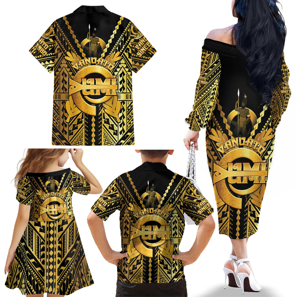Vanuatu 46th Anniversary Of Independence Family Matching Off The Shoulder Long Sleeve Dress and Hawaiian Shirt Gold Style LT05 - Polynesian Pride