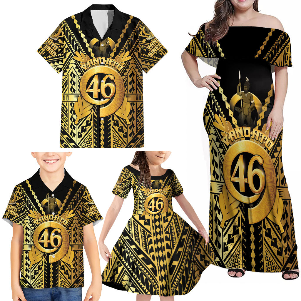 Vanuatu 46th Anniversary Of Independence Family Matching Off Shoulder Maxi Dress and Hawaiian Shirt Gold Style LT05 - Polynesian Pride