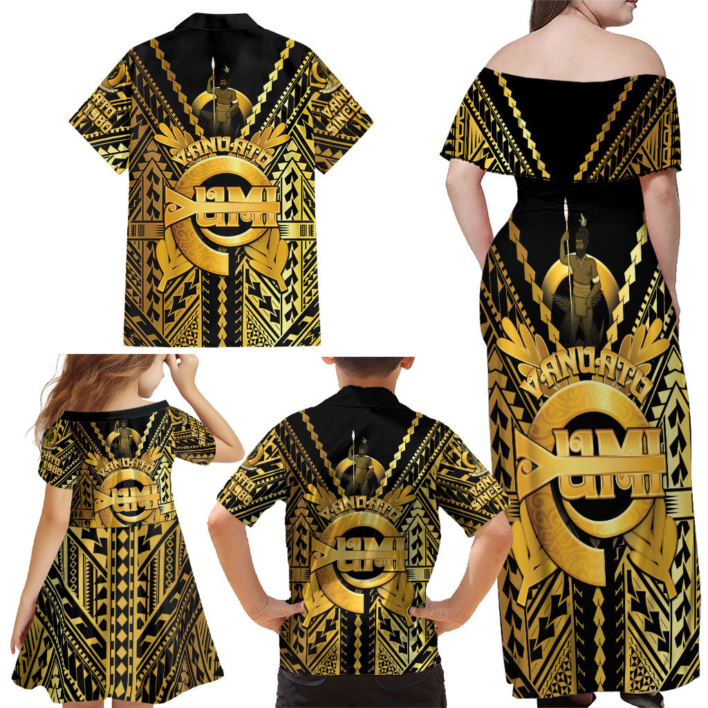 Vanuatu 46th Anniversary Of Independence Family Matching Off Shoulder Maxi Dress and Hawaiian Shirt Gold Style LT05 - Polynesian Pride