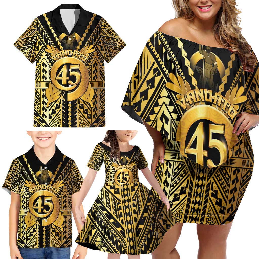 Vanuatu 45th Anniversary Of Independence Family Matching Off Shoulder Short Dress and Hawaiian Shirt Gold Style LT05 - Polynesian Pride