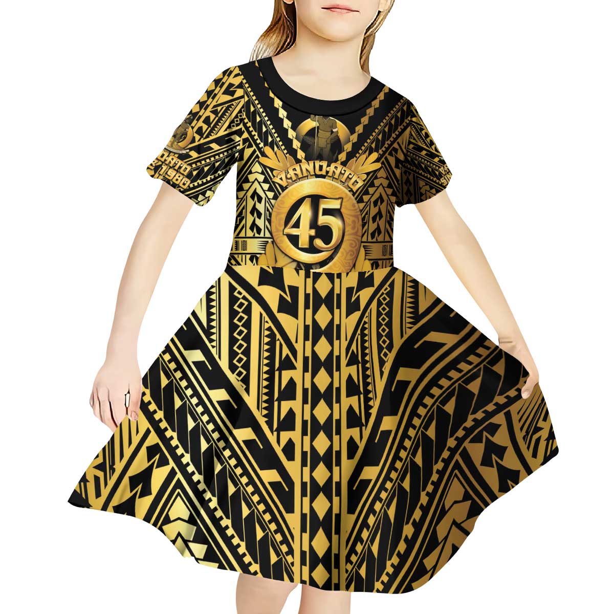 Vanuatu 45th Anniversary Of Independence Kid Short Sleeve Dress Gold Style - Polynesian Pride