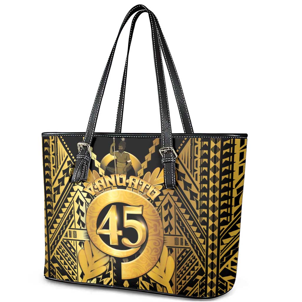 Vanuatu 45th Anniversary Of Independence Leather Tote Bag Gold Style - Polynesian Pride
