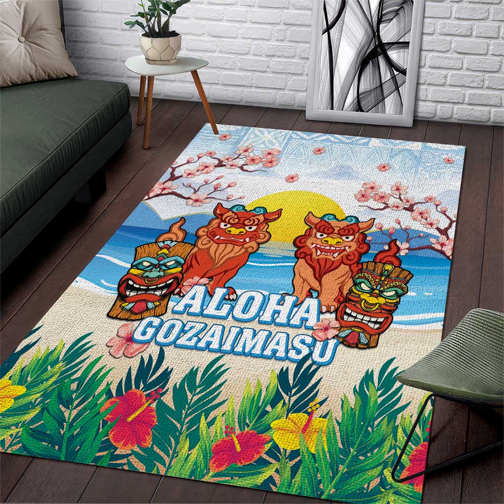 Hawaii And Japan Okinawa Area Rug Aloha Gozaimasu Tiki With Shisa LT05 Blue - Polynesian Pride