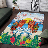 Hawaii And Japan Okinawa Area Rug Aloha Gozaimasu Tiki With Shisa LT05 Blue - Polynesian Pride