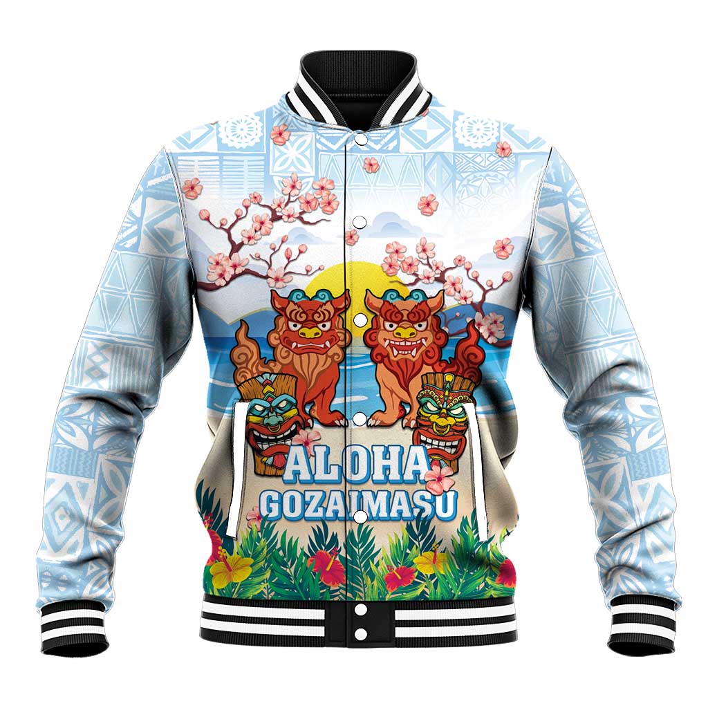 Hawaii And Japan Okinawa Baseball Jacket Aloha Gozaimasu Tiki With Shisa LT05 Unisex Blue - Polynesian Pride