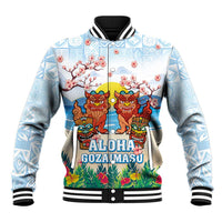 Hawaii And Japan Okinawa Baseball Jacket Aloha Gozaimasu Tiki With Shisa LT05 Unisex Blue - Polynesian Pride